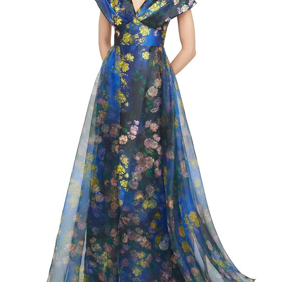 NWT Theia Nadia Draped Floral Mikado V-Neck Gown - Picture 8 of 8